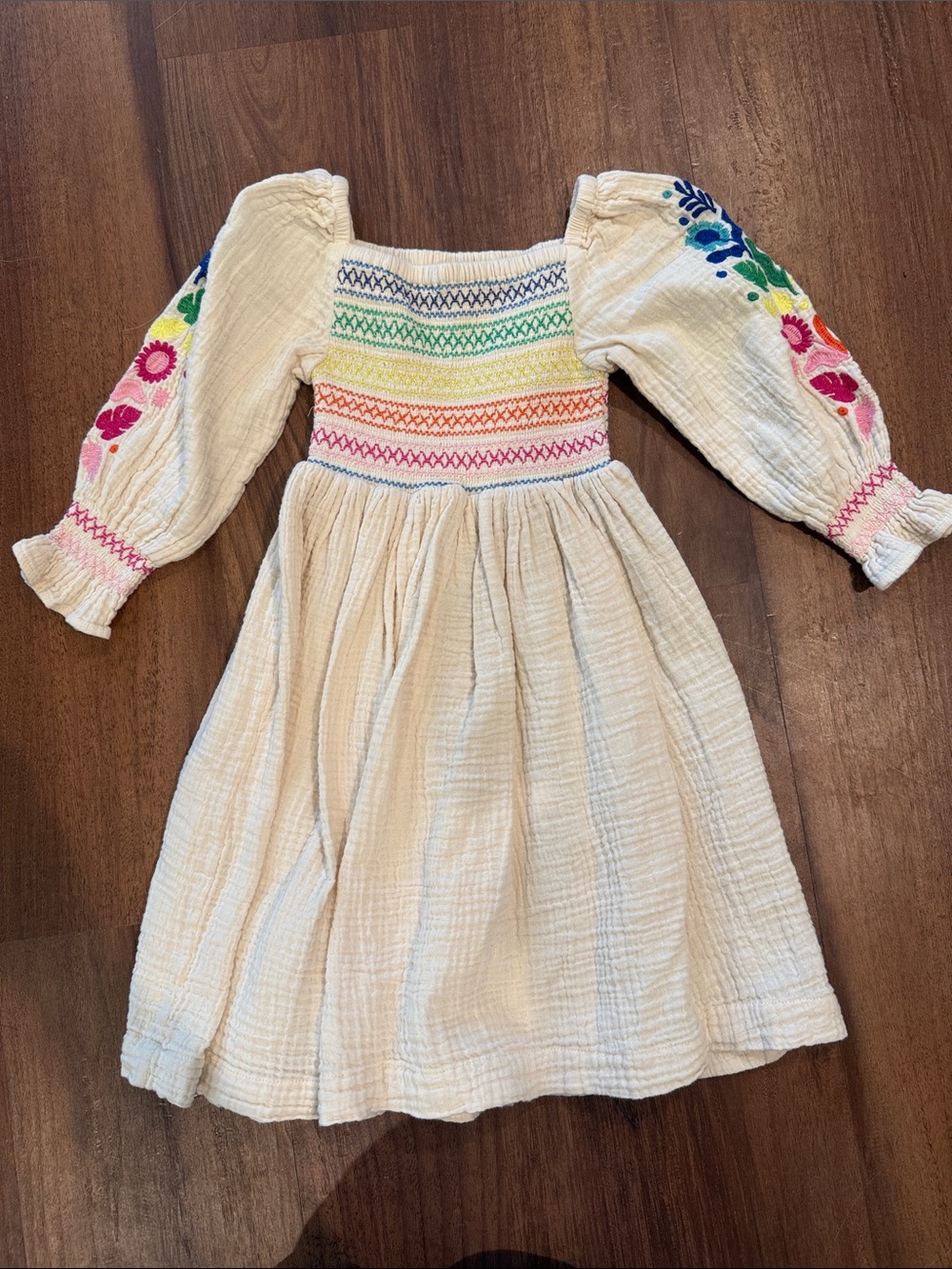 Mini Boden Cream Smocked Dress with Rainbow Embroidery